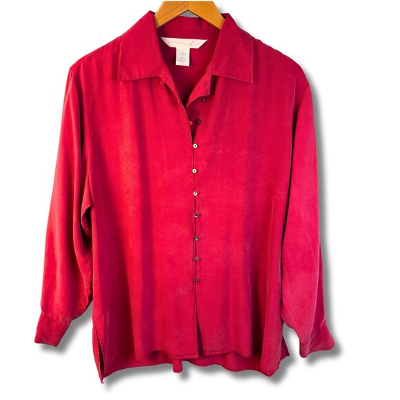 Vintage Y2K Express Silk 100% Button-Up Shirt – Red – Size Large - Picture 3 of 16